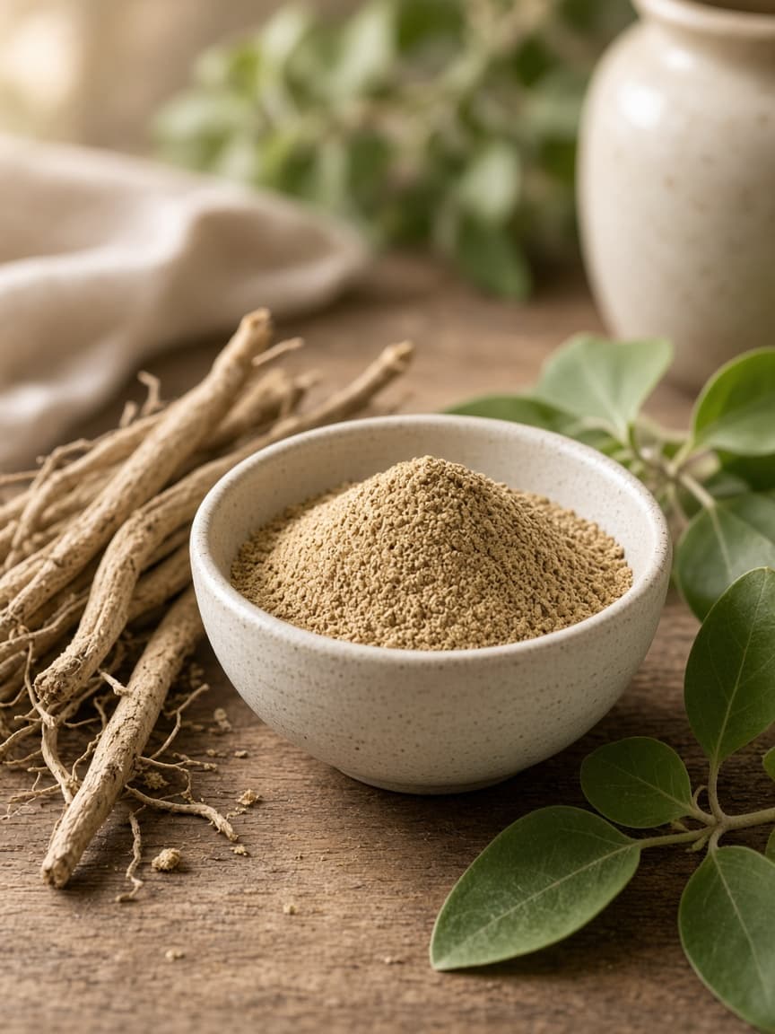 Ashwagandha roots, leaves, and brass mortar